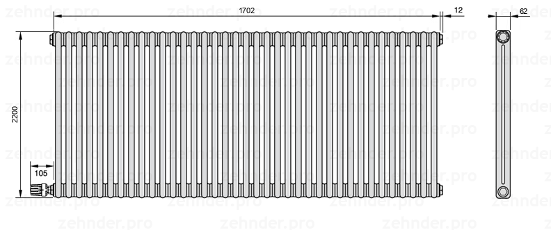 Схема (чертеж) Радиатор Zehnder Charleston 2220/37 №V004 Белый глянцевый RAL 9016